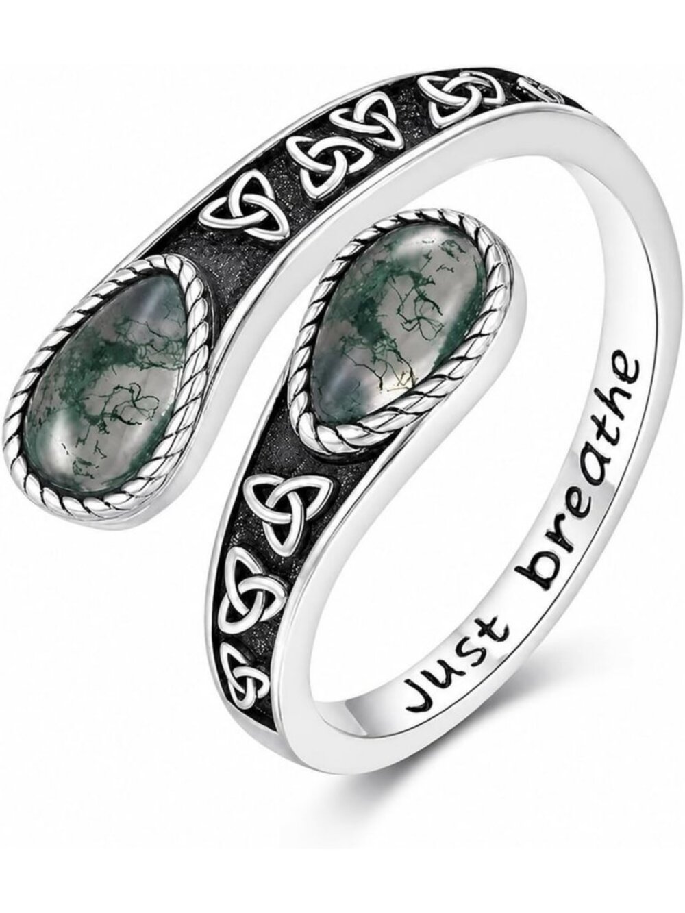 Adjustable Moss Agate Teardrop Ring for Women - White Gold Plated Thumb Ring